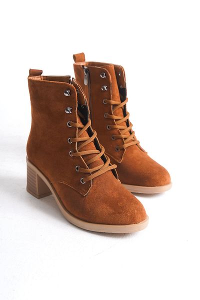 BZ Moda Γυναικείες μπότες LENA Orthopedic Suede - Lace Up, με φερμουάρ, αδιάβροχες και ανθεκτικές στο κρύο, τακούνι TT Tan
