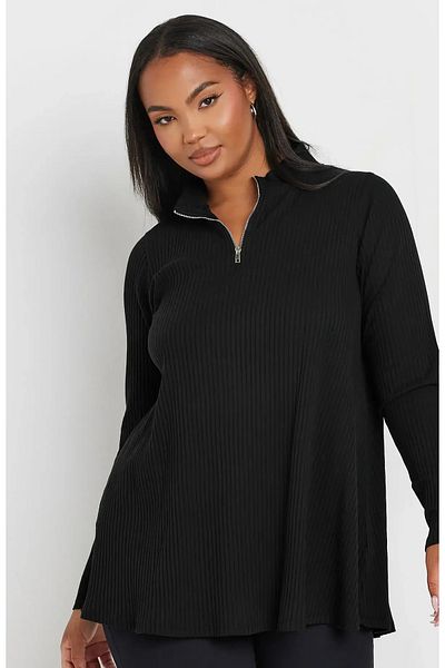 FOR ESRA BIG TREND Women's Plus Size Half Zipper Stand Collar Ribbed Knitted Sides Slit Wide Sleeve Blouse