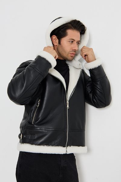 By Marki Marki Men's Black Pilot Coat - Genuine Leather, White Genuine Shearling, Hood, Detachable with Zipper - 501722