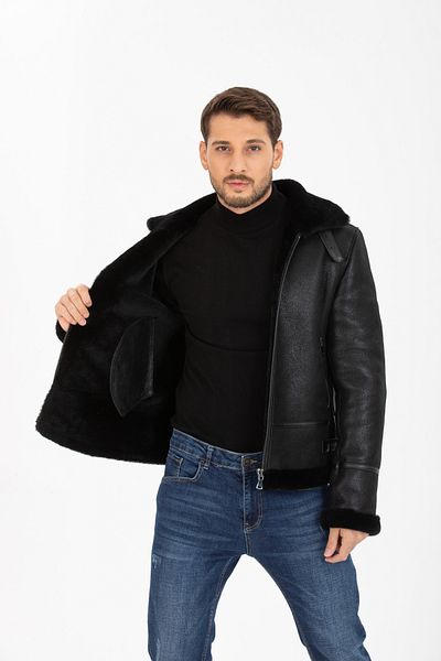 By Marki Marki Men's Krek Leather Coat - Genuine Sheepskin Inside, Zipper Closure, Black - 500622