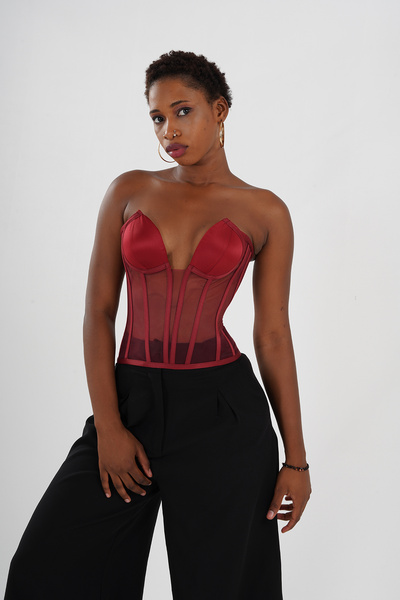 Metay Design Tül Transparan Korse Büstiyer Bordo Kedi Kulağı Model