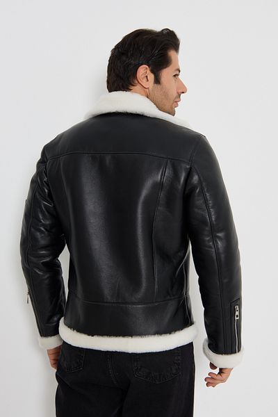 By Marki Marki Genuine Leather Black Coat - White Shearling, Zipper, Durable - 501622