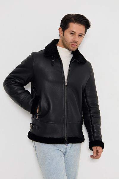 By Marki Marki Genuine Sheepskin Hooded Men's Leather Pilot Coat - Black 501322