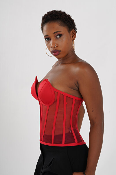 Metay Design Tulle Transparent Corset Bustier Cat Ear Model - Red