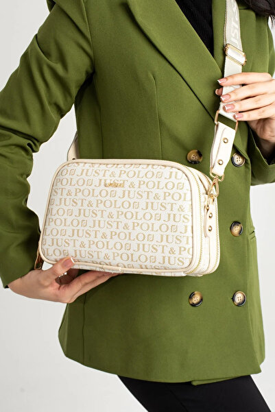 Just Polo حقيبة كتف قابلة للتعديل بتفاصيل سلسلة بلون كريمي - حزام طويل 232180 MH
