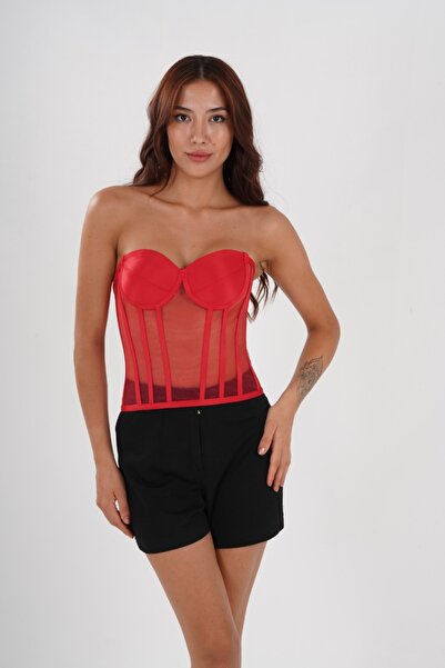 Metay Design Tül Transparan Korse Büstiyer Klasik Yaka Model - Kırmızı