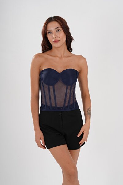 Metay Design Tül Transparan Korse Büstiyer Klasik Yaka Model-lacivert