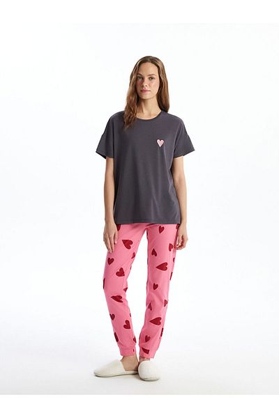 LC Waikiki Lcw Dream Anthracite Crew Neck Printed Women's Sleepwear Top