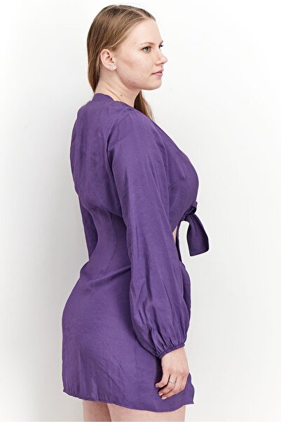 NA-KD Women V-neck Long Sleeve Plain Mini Dress, Purple