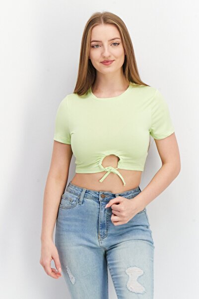 Don't Call Me Jennyfer Women Round Neck Short Sleeve Solid Crop Top, Lime Green