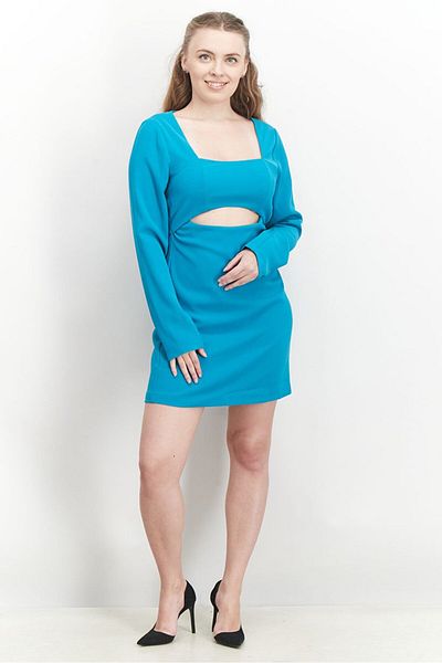 NA-KD Women Squared Neckline Long Sleeve Plain Cut Out Mini Dress, Teal