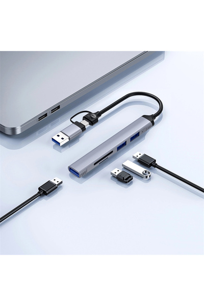 WIWU 5in1 Type-C USB-A Hub Çoğaltıcı Wiwu Wi-HB003 Zolo Serisi USB3.0 + USB2.0 + SD/TF Bağlantılı Gri