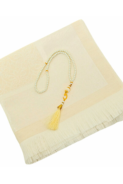 Modish Group Premium Ottoman Pattern Prayer Rug and Pearl Prayer Beads Set with Vav, for Women Men
