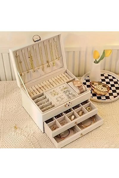 asya bijuteri 3-Tier Modern Jewelry Organizer,Lockable Faux Leather Jewelry Box 23*13*17cm