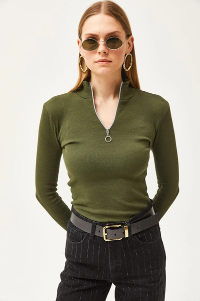 Milo Moda - Kadın haki Fermuarlı Yaka Örme Bluz
