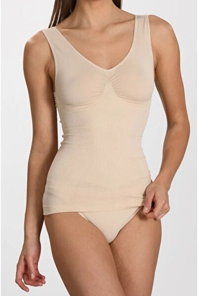 Miss Fit Kadın Dikişsiz V Yaka Toparlayıcı Fitilli Atlet Korse Ten