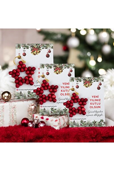 Nilgün Baymış Neva Konsept Hediyelik Yılbaşı-Yeni Yıl hediyesi 5 adet Kırmızı ahşap boncuk yıldız anahtarlık