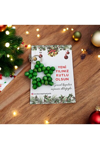 Nilgün Baymış Neva Konsept Hediyelik Yılbaşı-Yeni Yıl hediyesi Yeşil ahşap boncuk yıldız anahtarlık 5 adet