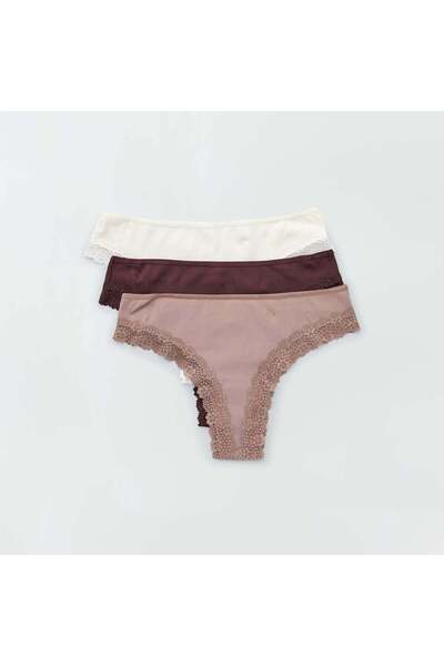 KIABI Pack of 3 ribbed knit tanga briefs prune browns
