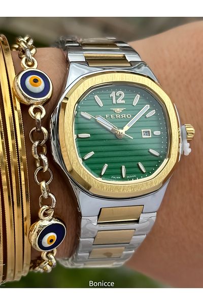 FERRO Brand Yellow Silver Color Steel Band,Green Dial,Cornered Case Women's Wristwatch+Bracelet