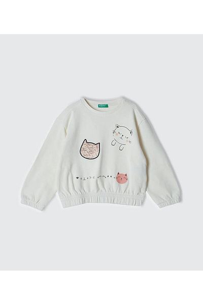 United Colors of Benetton Суитшърт с еластичен ребрест цвят и кръгло деколте за момиче в екрю цвят