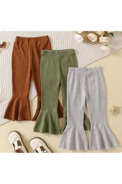 BEBEĞİME ÇORAP 3 Pcs Ribbed Ruffled Spanish Leg Pants Leggings