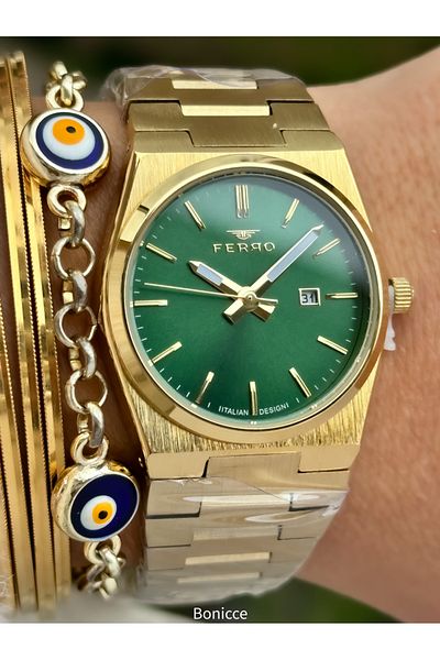 FERRO Brand Yellow Color Steel Band, Green Dial, Women's Wrist Watch+Bracelet with Calendar