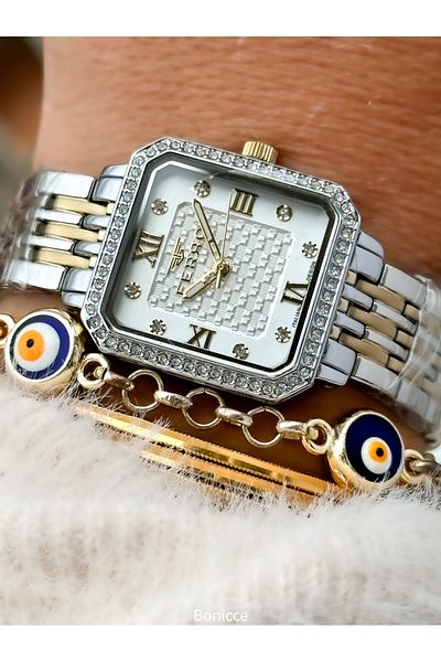 FERRO Brand Silver Color Steel Band, White Dial, Square Case Women's Wristwatch + Bracelet