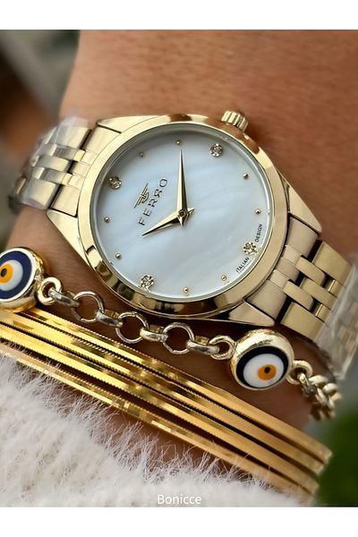 FERRO White Women's Wrist Watch and Bracelet Set with Yellow Steel Band