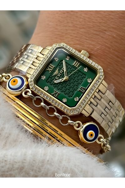 FERRO Brand Yellow Color Steel Band,Green Dial,Square Case Women's Wristwatch+Bracelet