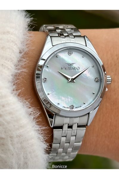 FERRO White Dial Women's Wrist Watch with Silver Color Steel Band and Bracelet Gift