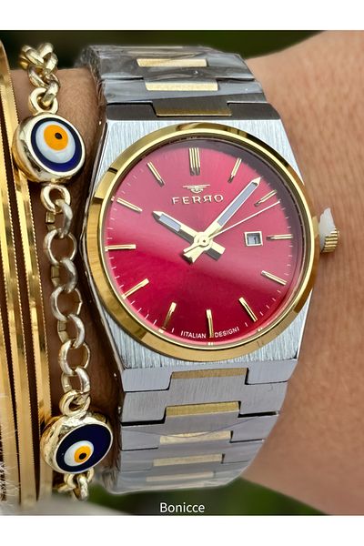 FERRO Brand Silver Yellow Color Steel Band, Red Dial, Women's Wristwatch+Bracelet with Calendar