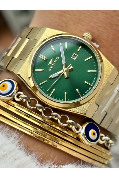 FERRO Brand Yellow Color Steel Band, Green Dial, Women's Wrist Watch+Bracelet with Calendar