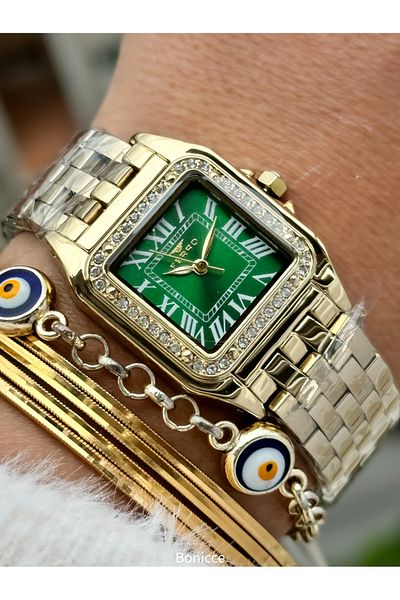 FERRO Brand Yellow Silver Color Steel Band,Green Dial,Square Case Women's Wristwatch+Bracelet