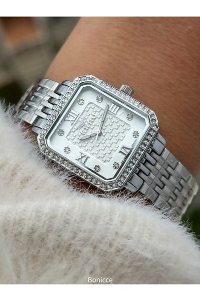 FERRO Brand Silver Color Steel Band, White Dial, Square Case Women's Wristwatch + Bracelet