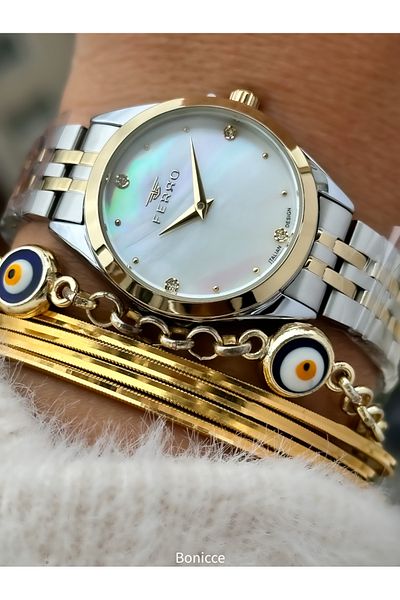 FERRO White Women's Wrist Watch with Yellow Silver Color Steel Band and Bracelet Gift