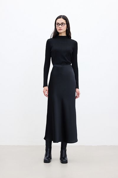 Manuka Black Satin Midi Skirt