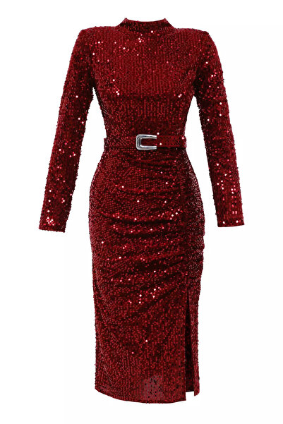 Fervente Kırmızı Kadife Uzun Kollu Midi Elbise