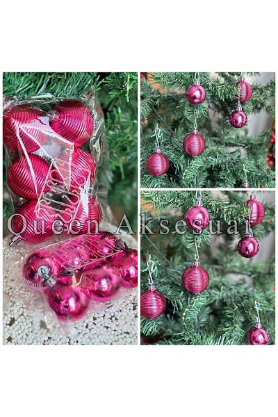 QUEEN AKSESUAR Fuchsia Pink Set of 12 - Imported Economical Collectable, Metallic Shiny Cici Ball and Pine Tree Decoration