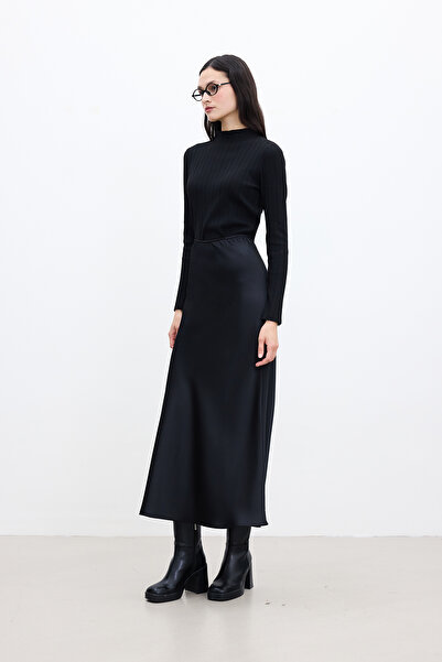 Manuka Black Satin Midi Skirt