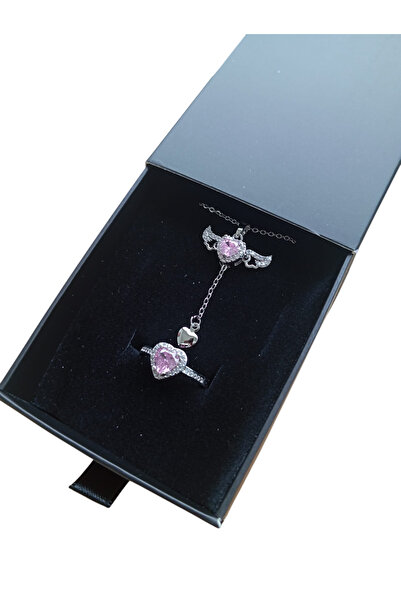 Last For Sell Çekmeceli Set Kutusunda Çelik Pembe Kanatlı Kolye ve Ayarlanabilir Yüzük Takımı,Sevgiliye Hediye