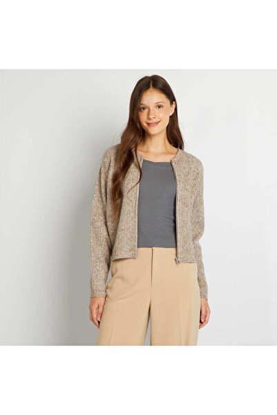 KIABI كارديجان محبوك مضفر بسحاب - بيج
