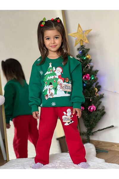 sinmm Yilbası Christmas Sister Combo - Unisex Children's Bottom-Top Set, 3 Thread Raised Fabric
