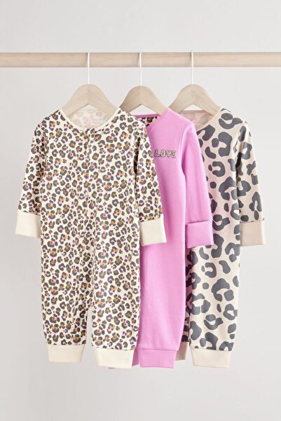 Next Baby % 100 Pamuklu Pembe Leopar Desenli 3'lü Tulum Set