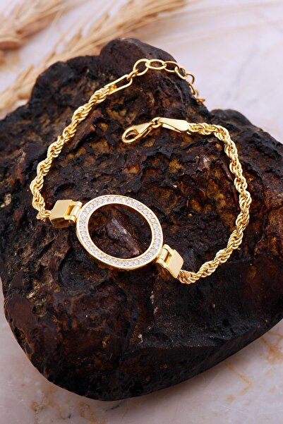 Sümer Telkari Çeyrek Çerçeveli Taşlı Halat Zincir Altın Kaplama Gümüş Bilekli...