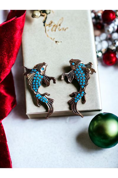 FAYRA ACCESSORIES Turquoise Stone Earrings with Fish Figures