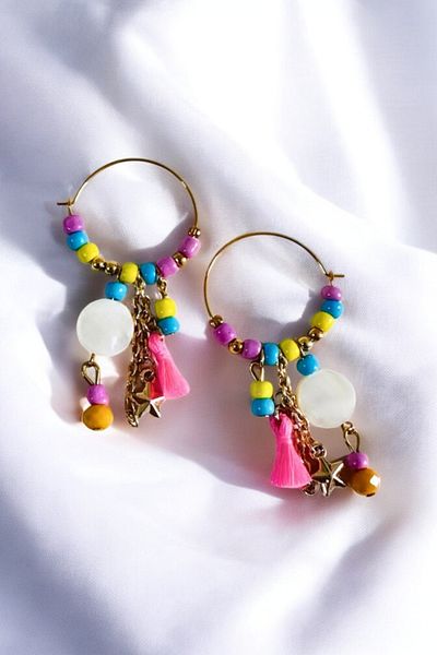 PETEK AKSESUAR Bohemian Ethnic Tassel Beaded Hoop Earrings