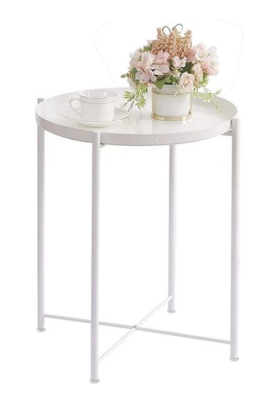Taimi Metal Tray End Table, Round Coffee Side Table Waterproof Outdoor Small Table, White 40x53x40cm