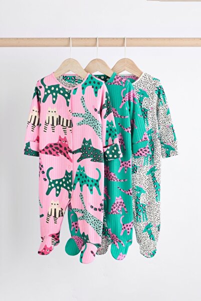 Next Baby % 100 Pamuklu Pembe Yeşil Animal Desenli 3'lü Tulum Set