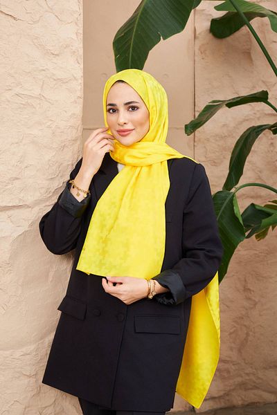 İpekhan Yellow Silky Jacquard Cross Pattern Shawl - 9006-10